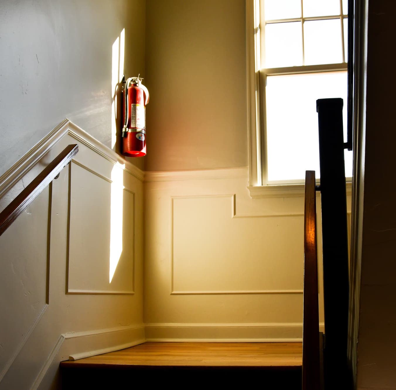 dimly lit stairway with painted wainscoting 